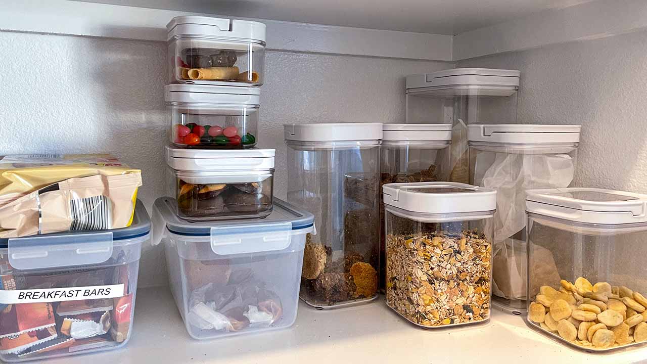 Kitchen with similar items stored together.