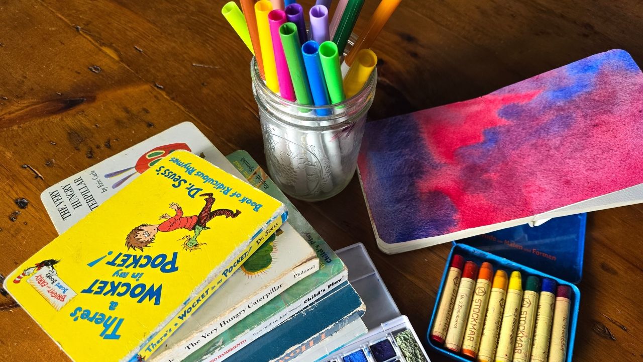 board books and art supplies.